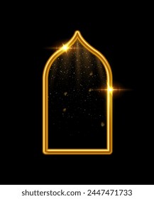 Arabic gold arch with shining lights inside isolated on dark background. 3D islam window architecture shape for muslim holidays, design element door, golden tube frame. Realistic vector illustration.