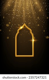 Arabic gold arch under lights isolated on dark shining background. 3D islam window architecture shape for muslim holidays, design element door, golden tube frame. Realistic vector illustration.