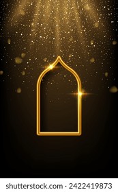 Arabic gold arch under lights isolated on dark shining background. 3D islam window architecture shape for muslim holidays, design element door, golden tube frame. Realistic vector illustration.