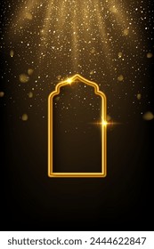 Arabischer Goldbogen unter Lichtern isoliert auf dunklem glänzendem Hintergrund. 3D-Islam-Fensterarchitektur-Form für muslimische Feiertage, Design-Element-Tür, goldener Rohrrahmen. Realistische Vektorillustration.