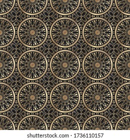 Oro árabe con motivos de costura geométricos circulares negros. Textura lineal repetitiva sin fin para papel pintado, embalaje, banners, invitaciones, tarjetas de visita, impresión de tela. Vector