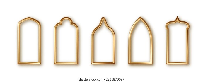 Arabic golden arch isolated. Realistic Islam architecture shape for Muslim holidays. Ramadan Kareem design elements door, frame, window.