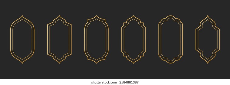 Arabic golden frames decoration isolated. Luxury islamic arch windows oriental shapes in retro style.