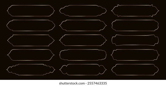 Arabic golden frames. Ramadan banners, Islamic gold luxury ribbons, muslim retro tags. Arabic text box and vintage title frame vector isolated set.