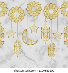Arabic golden lantern and gold half moon, stars seamless border on white marble background. Vector luxury repeat pattern for textile print, backgrop, wallpaper, covers with text place.