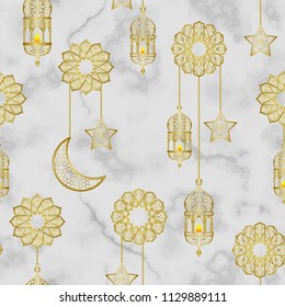 Arabic golden lantern and gold half moon, stars seamless pattern on white marble background. Vector luxury repeat wallpaper, textile print, backgrop.