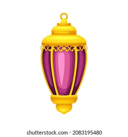 Arabic golden lighting lamp. Pink Ramadan lantern, traditional muslim symbol vector illustration