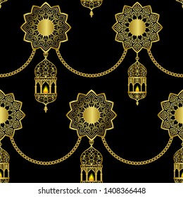 Arabic golden luxury seamless pattern on black background