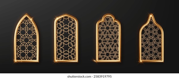 Arabic golden mosque arches isolated on black, ideal for Ramadan Kareem themes. Traditional Islamic window frames in gold, featuring Moroccan-inspired silhouettes