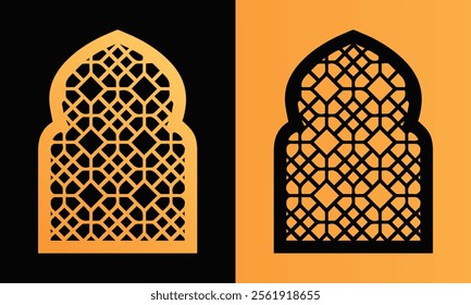 Arabic golden png transparent arches. Arabian ornament. Doors and window template for design, Ramadan shape window isolated on black and golden background.