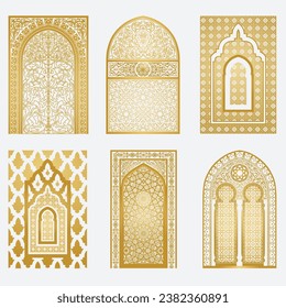 Arabisches goldenes Vektorgrafik-Bündel. Arabianisches Ornament. Fenstervorlagen für Türen für Design

