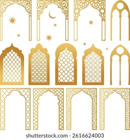 Arabic golden vector arches bundle. Arabian ornament. Doors and windows templates for design