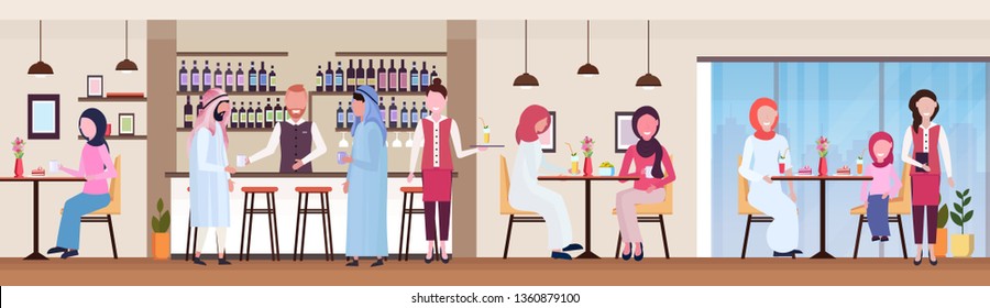 arabic guests at bar counter and tables drinking fresh juice and coffee bartender and waitress serving drinks to arab clients modern restaurant interior flat horizontal banner