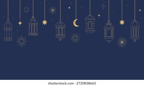 Linterna de lámpara colgante árabe. Plantilla de fondo de Ramadán en azul oscuro clásico. Arte de línea