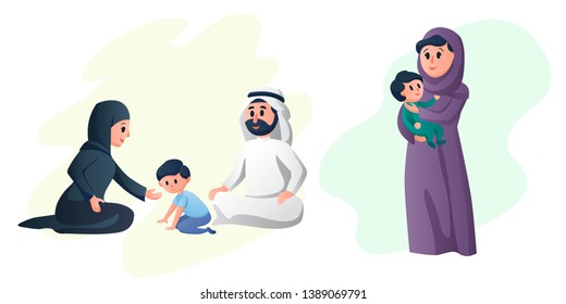 Arabic happy family, mother and father playing with their children. Young parents. Arab healthy couple cartoon characters vector illustration 