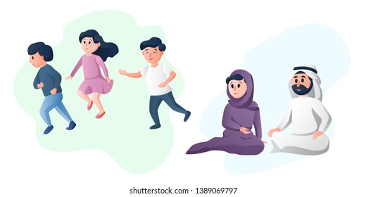 Arabic happy family, mother and father playing with their children. Young parents. Arab healthy couple cartoon characters vector illustration 