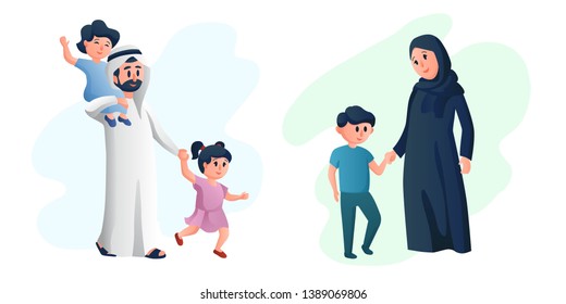 Arabic happy family, mother and father playing with their children. Young parents. Arab healthy couple cartoon characters vector illustration 