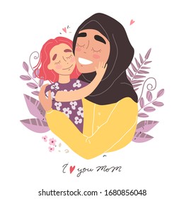 Arabic happy family. Mothers day greeting card. Mom and girl are smiling and hugging. Family holiday and togetherness. Vector eps 10