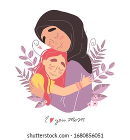 Arabic happy family. Mothers day greeting card. Mom and girl are smiling and hugging. Family holiday and togetherness. Vector eps 10