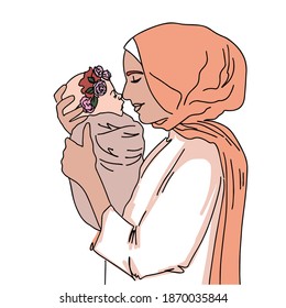 Arabic happy mum and child. Mothers day greeting card. Muslim mum. Mom and girl are smiling and hugging. Family holiday and togetherness. Vector eps 10