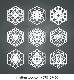 Arabic hexagon ornament set. Vector symbols collection on chalkboard background