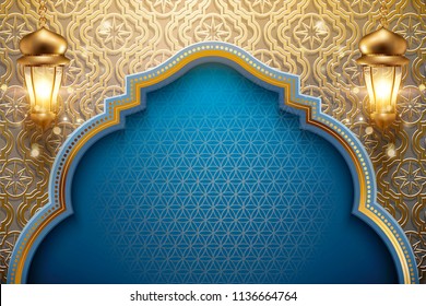 Arabic holiday design with glowing golden lanterns and carved floral pattern background, 3d illustration