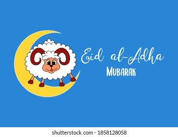 Fiesta árabe Eid al Adha Mubarak. Tarjeta de saludo, afiche, pancarta con oveja blanca de sacrificio y media luna dorada sobre fondo azul. Ilustración vectorial.