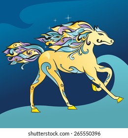 Arabic Horse Vector Illustration | Creative sketch style mustang character yellow color with ornaments on night dark blue background