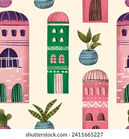 arabic house, mosque and cactus plant cute illustration pattern for background, wallpaper, texture.