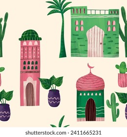 arabic house, mosque and cactus plant cute illustration pattern for background, wallpaper, texture.