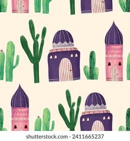 arabic house, mosque and cactus plant cute illustration pattern for background, wallpaper, texture.