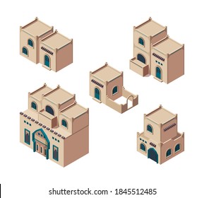 Arabic houses. Isometric sandy authentic old buildings isometric antique arab construction vector set