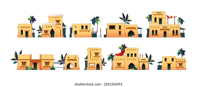 Arabic houses. Old arabian residential buildings cartoon style, desert heritage landscape with traditional village construction of sand facade. Vector set. Town streets with palm trees