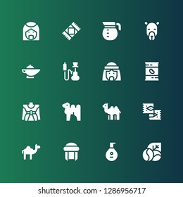 arabic icon set. Collection of 16 filled arabic icons included Coffee beans, Lute, Turban, Camel, Rug, Traditional, Beans, Arab man, Hookah, Magic lamp, Coffee pot, Arab