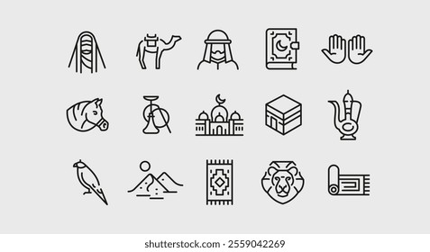 Arabic icons. Set of 15 Arabic trendy minimal icons. Example: Camel, Genie Lamp, Arabic Arch, Oil Rig, Kaaba icon. Design signs for web page, mobile app, packaging design. Vector illustration.