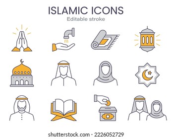 Arabic icons, such as islam, quran, people, muslim, lantern and more. Editable stroke.