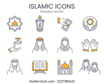 Arabic icons, such as islam, quran, people, muslim, eid and more. Editable stroke.