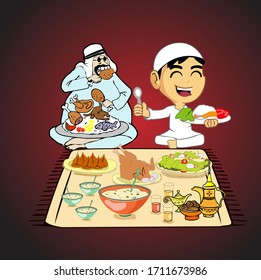 Arabische Illustration der Iftaren Partei. Ifter Party-Komposition mit traditionellen Trockenterminen und Vektorillustration für Kaffeedesign