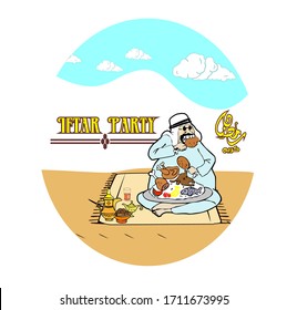 Arabische Illustration der Iftaren Partei. Ifter Party-Komposition mit traditionellen Trockenterminen und Vektorillustration für Kaffeedesign