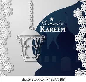 Arabic illustration of Ramadan Kareem on white and blue paper with Silhouette of mosque and paper light