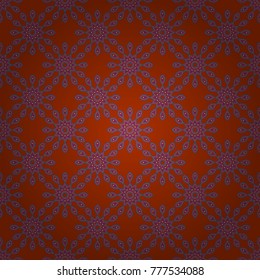 Arabic, indian, oriental motif. Ethnic design in blue, orange and red tones. Vector mandala with flowers and geometric elements. Mandala art, boho chic. Round seamless pattern with many details.