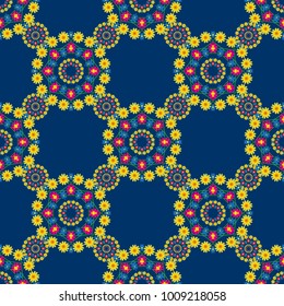 Arabic, indian, oriental motif. Round seamless pattern with many details. Vector mandala with flowers and geometric elements. Ethnic design in magenta, yellow and blue tones. Mandala art, boho chic.
