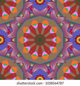 Arabic, indian, turkish and ottoman culture decoration style. Magic vintage template of greeting. Ethnic ornament on beige, purple and red colors. Hand drawn vector colored Mandala seamless pattern.