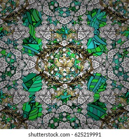 Arabic, indian, turkish and ottoman culture decoration style. Magic vintage template of greeting, print, cloth. Ethnic ornament on green background. Hand drawn vector colored Mandala seamless pattern. 