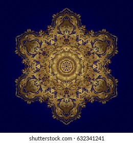 Arabic, indian, turkish and ottoman culture decoration style. Ethnic ornament on blue background. Hand drawn vector golden Mandala seamless pattern. Magic vintage art for textile, print, cloth, fabric