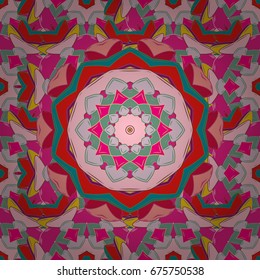 Arabic, indian, turkish and ottoman culture decoration style. Hand drawn vector colored Mandala seamless pattern. Magic vintage template of greeting, print, cloth. Ethnic ornament on pink background.