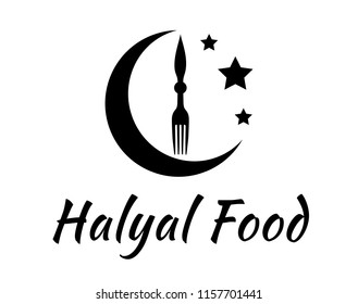 Arabic islam 100 percent halyal food tad and sign. With fork, moon, stars as a symbol of healthy food. For meat or product pacaging or banners vector.
