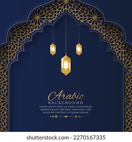 Arabic Islamic Arch Blue and Golden Luxury Ornamental Background with Islamic Pattern Frame