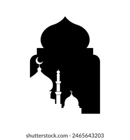 Arabic Islamic arch with mosque silhouette background illustration.