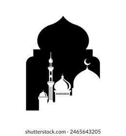 Arabic Islamic arch with mosque silhouette background illustration.